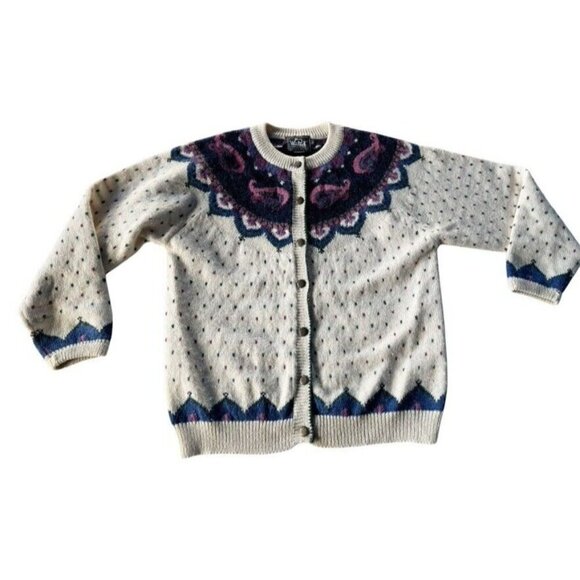 Vintage Woolrich Woman's Sz L Cream Blue Paisley Wool Blend Button Cardigan - Picture 11 of 11